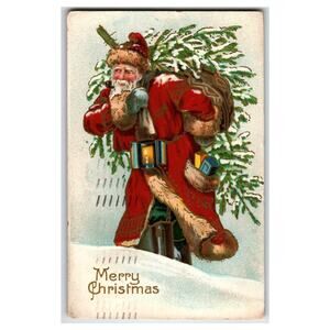 Vintage 1915 Santa Claus Carrying Tree Christmas Postcard